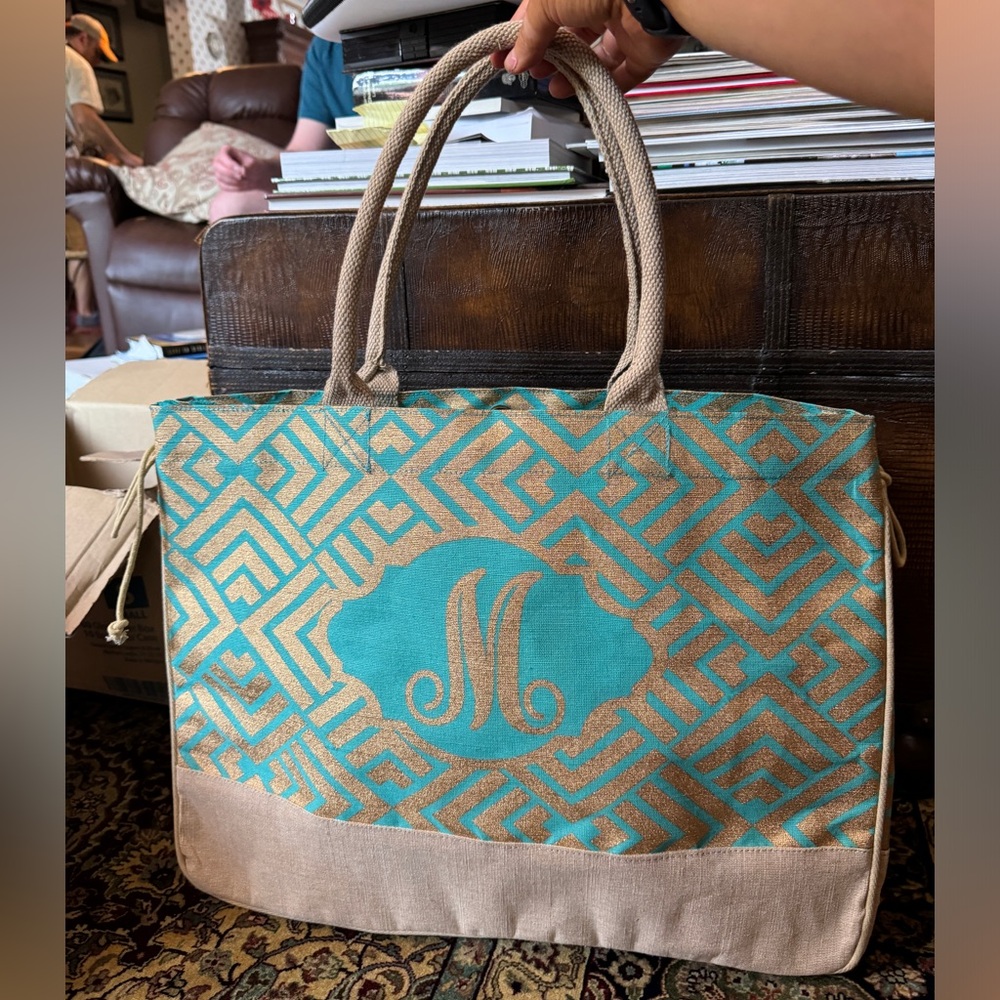 monogrammed jute tote, NWOT